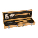 3‑Piece Bamboo BBQ Tool Set with stainless tongs, spatula, fork in bamboo case at DDR BBQ Supply