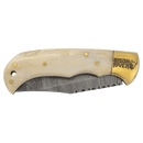 Bison River 3.75" Damascus Steel Knife with Bone Handle and Leather Sheath shown closed