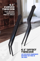 Dalstrong 4-piece black titanium plating tweezers set with leather sheath with anti slip tips and textured handles