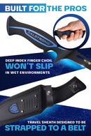 Dalstrong Filled knife 4.7" Night Shark Series close up of handle and sheath.