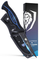 Dalstrong Filled knife 4.7" Night Shark Series pictured with box.