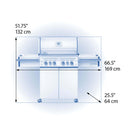Measurement diagram of a grill with dimensions labeled in inches and centimeters.