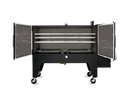 Myron Mixon RFG-72XC Gravity-Fed Smoker with doors open showing racks.