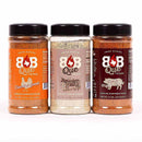 BBQue Texas Rubs 3 Pack featuring handcrafted BBQ seasonings for beef, pork, and chicken