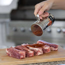 stainless steel dry rub shaker with handle and lid for seasoning and spice control