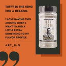 Tuffy Stone Big Umami Rub bottle with bold, savory seasoning for beef, chicken, veggies, and more