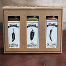Behrnes' Pepper Salt Hot Gift Set with Cayenne, Chipotle, and Jalapeño pepper salts in 3 oz jars for bold seasoning and grilling