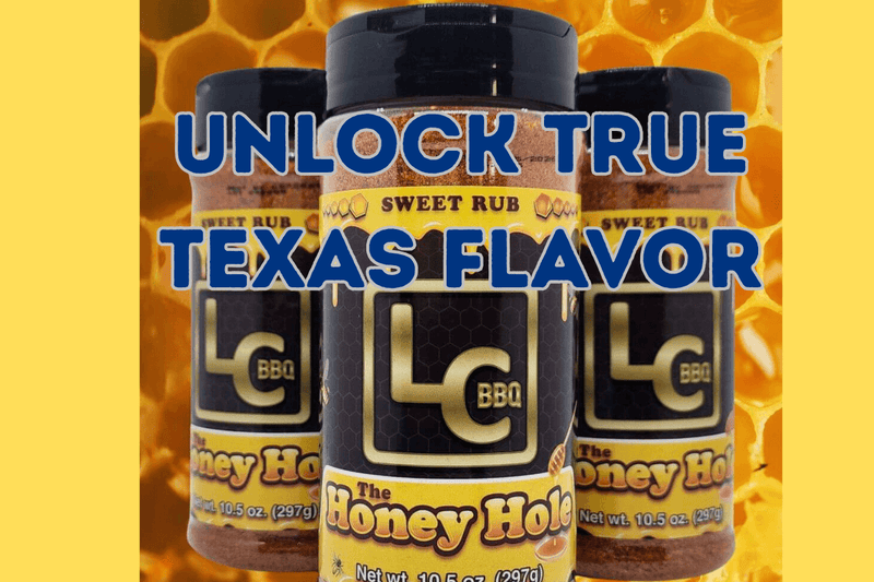LC BBQ rubs lineup displayed with brisket, ribs, and grill-ready meats in a Texas-style BBQ setup
