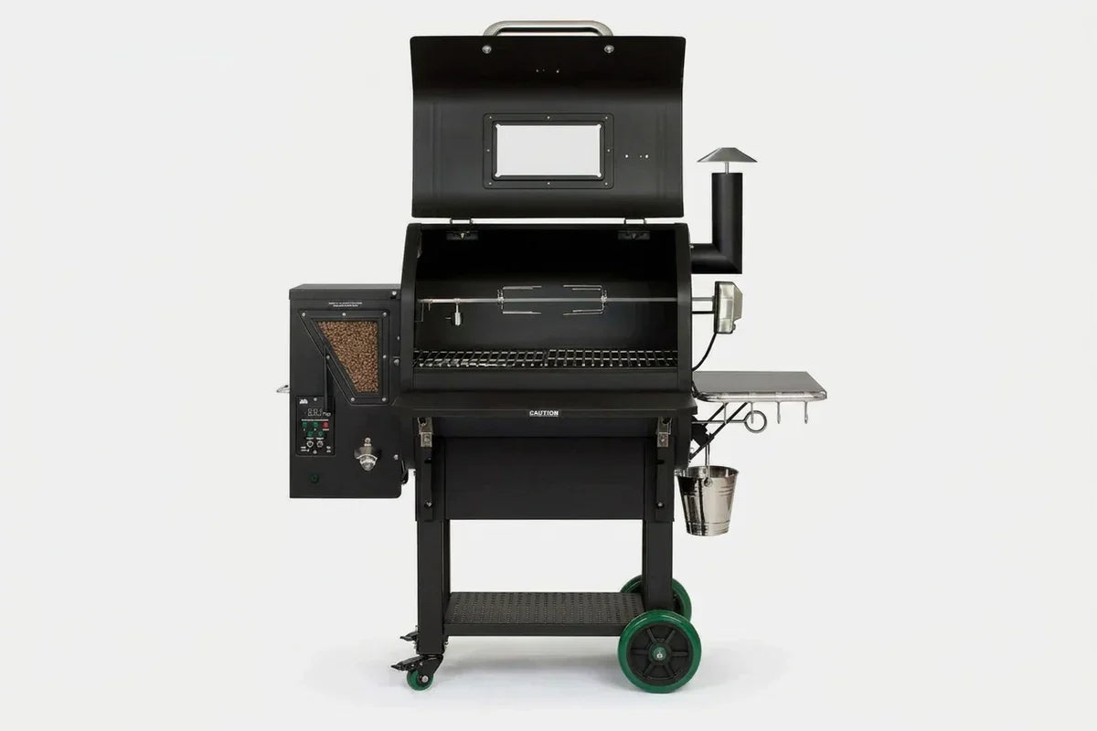  Black pellet grill on a wheeled cart with its lid open, showing the grate, hopper, shelf, chimney, and controls. 