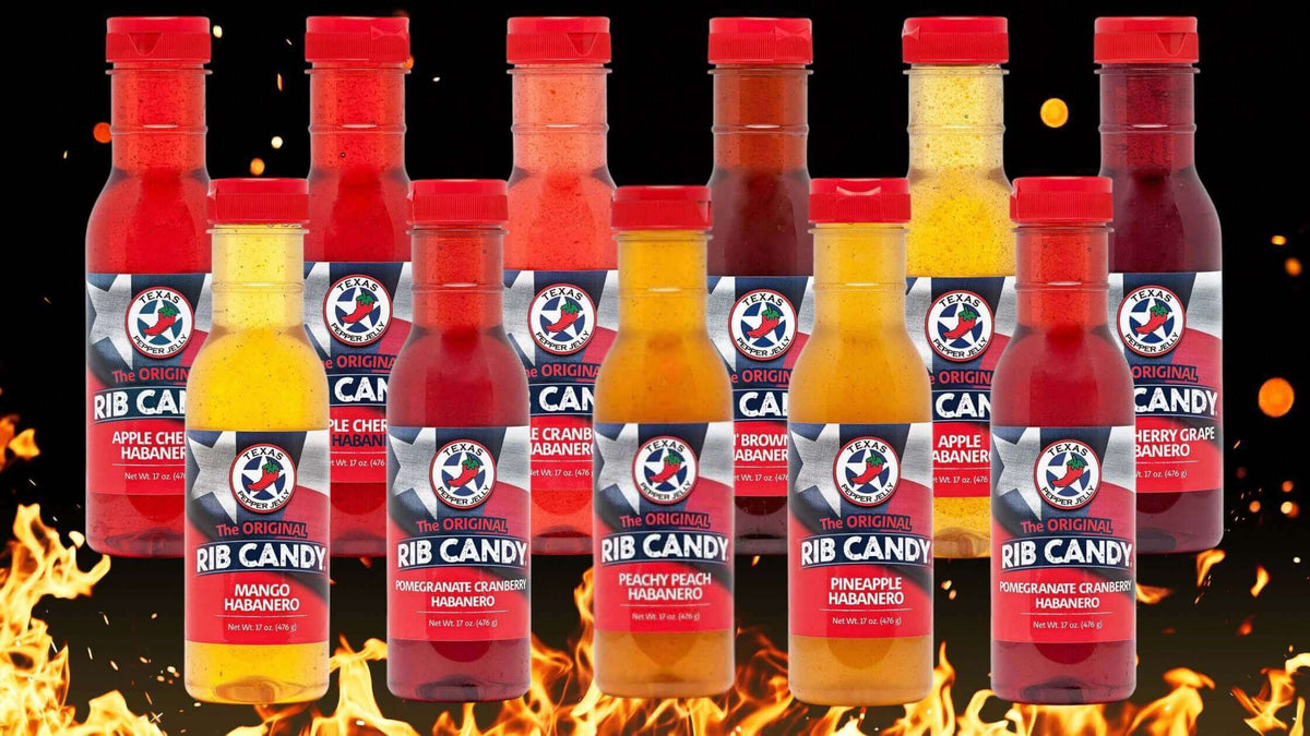 Texas Pepper Jelly Rib Candy collection featuring sweet and spicy habanero BBQ glazes
