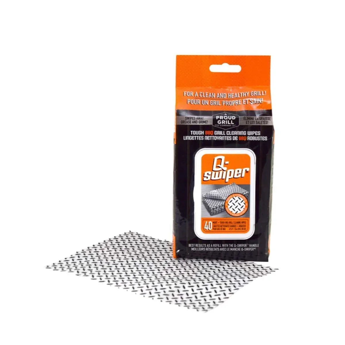 Proud Grill Q-Swiper bristle-free grill cleaner with orange and black packaging.