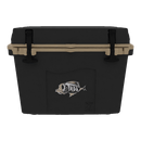 The Taiga Coolers 27 Quart Black and Tan Cooler has a compact design with a black body, tan lid, latches, and a fish logo—ideal for outdoor adventures.