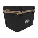 The Taiga Coolers 27 Quart Black and Tan Cooler by Taiga Coolers features secure latches and a fish logo, ideal for outdoor use, displayed on a white background.