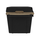 The Taiga Coolers 27 Quart Black and Tan Cooler features a black rectangular design with a tan latch and handle, shown front-facing on a white background—ideal as a compact ice chest for outdoor use.