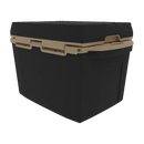The Taiga Coolers 27 Quart Black and Tan Cooler by Taiga Coolers, a rectangular black cooler with a tan lid and secure latches, is displayed on a plain white background, perfect for outdoor use.