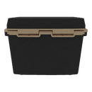 The Taiga Coolers 27 Quart Black and Tan Cooler by Taiga Coolers features a black rectangular design with a tan lid and latch, made for outdoor use, displayed against a white background.