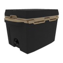 The Taiga Coolers 27 Quart Black and Tan Cooler is a rectangular ice chest with a secure lid and front spout, ideal for outdoor use, shown on a plain white background.