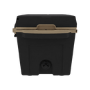 The Taiga Coolers 27 Quart Black and Tan Cooler, featuring a rectangular shape and secure front latch, is built for outdoor use and shown on a plain white background.