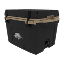 The Taiga Coolers 27 Quart Black and Tan Cooler features sturdy latches, a fish graphic, and a drain plug—ideal for outdoor use. Shown on a plain white background.