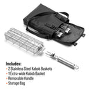 The Braize 3-Piece Stainless Steel Kabob Grilling Basket Set features two kabob grilling baskets, one extra-wide basket, a removable handle, and a black storage bag—ideal for all your BBQ needs.
