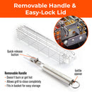 The Braize 3-Piece Stainless Steel Kabob Grilling Basket Set features a removable, heat-resistant handle with a bottle opener and quick-release button, plus an easy-lock lid—an essential kabob grilling accessory from Braize.