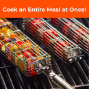 Three Braize 3-Piece Stainless Steel Kabob Grilling Baskets with removable handles, filled with assorted veggies and meats, sit on a grill. An orange banner above reads, "Cook an Entire Meal at Once!" in bold white text.