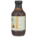 A plastic bottle of WarPig BBQ’s War Pig FUBAR Flamethrower BBQ Sauce, featuring a black cap and a back label displaying nutrition facts and product details; the front branding is partially visible, suggesting its bold, tangy, and spicy flavor.