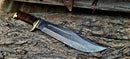 The Texan Knives Crocodile Dundee Outback Bowie Knife 2025 features a 16” handmade Damascus steel blade and a leather & brass handle, displayed here resting on rugged tree bark, with sheath included.