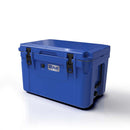 Blue Coolers 60 Quart Roto Molded Cooler in blue with black latches and handles.