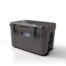 Grey 60 Quart Roto Molded Cooler Superior Ice Retention Outdoors with black latches and a branding logo on the front.