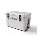 White Blue Coolers 60 Quart Roto Molded Cooler Superior Ice Retention Outdoors with black latches and a side drainage plug.
