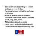 Informational image for the Kanyon Living Poly Lumber 5′ Adirondack Glider Tall Version in Dark Wood and Orange: Amish-made, USA-crafted, stain & damage resistant, made to order. Colors may vary. DDR BBQ Supply logo and contact email included.
