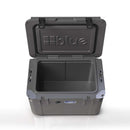 Open grey Blue Coolers 60 Quart Roto Molded Cooler Superior Ice Retention Outdoors with an empty interior and a lid that lifts upward.