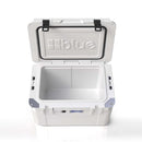 Open white Blue Coolers 60 Quart Roto Molded Cooler Superior Ice Retention Outdoors with black latches and hinges.