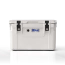 White rectangular Blue Coolers 60 Quart Roto Molded Cooler Superior Ice Retention Outdoors with two black lid latches and a front-facing logo.