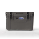 Gray rectangular 60 quart Blue Coolers 60 Quart Roto Molded Cooler Superior Ice Retention Outdoors with two front latches and a logo on the center.