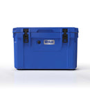 Blue Coolers 60 Quart Roto Molded Cooler Superior Ice Retention Outdoors in blue with two black rubber latch fasteners on the front.