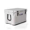 White Blue Coolers 60 Quart Roto Molded Cooler Superior Ice Retention Outdoors with black rubber latches and side handles.