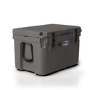 Gray Blue Coolers 60 Quart Roto Molded Cooler with two black rubber lid latches, side handles, and a brand logo on the front.