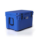 Blue Coolers 60 Quart Roto Molded Cooler Superior Ice Retention Outdoors in blue with black rubber latches and side handles.