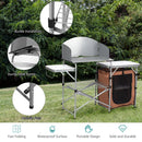 DirectDeals Foldable Outdoor BBQ Portable Grilling Table With Windscreen Bag—features waterproof surfaces, sturdy steel frame, anti-slip feet, side tables, brown storage compartment; fast folding, portable, and durable.