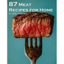 A medium-rare steak on a fork positioned below the cover of 87 Meat Recipes for Home - Paperback by Kelly Johnson.