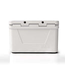White rectangular 60 quart Blue Coolers 60 Quart Roto Molded Cooler Superior Ice Retention Outdoors with a hinged lid and integrated handles.