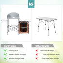 Side-by-side comparison: left, DirectDeals Foldable Outdoor BBQ Portable Grilling Table With Windscreen Bag; right, a basic four-legged table. Text highlights pros for our product and cons for other brands.
