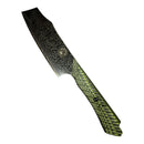 The Spaceman Knives Gravity Series Nakiri by Spaceman Knives features a striking Damascus-patterned AUS-10 steel blade and a green and black zigzag handle, displayed against a white background.