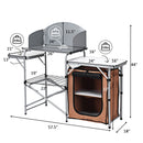 The DirectDeals Foldable Outdoor BBQ Portable Grilling Table With Windscreen Bag features a metal frame, 3 surfaces, storage shelves, and labeled weight limits. Dimensions and height are marked in inches.