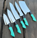 Five Texan Knives Stainless Knife Set pieces, each with a 13" forged stainless steel blade, turquoise epoxy resin handle with gold marbling, and leather sheath, are displayed on a weathered wooden surface.