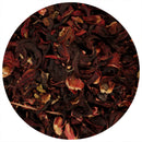 Close-up of The Spice Lab Whole Hibiscus Flowers, showcasing deep red and maroon tones with gracefully curled petals layered within a white circular frame—an exquisite botanical ingredient from The Spice Lab, perfect for elevating foodservice presentations.