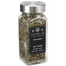 A clear glass jar with a metal lid contains The Spice Lab Savory Whole Leaf. The black label displays The Spice Lab, Savory Whole Leaf, and Net Wt. 1 lb. Ideal for BBQ seasoning or to enhance your foodservice herbs collection.