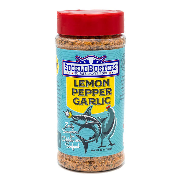 SuckleBusters Lemon Pepper Garlic BBQ Rub for seafood, fish, and shrimp – available at DDR BBQ Supply.